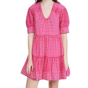 Tanya Taylor Mini Dress Pink Gingham Tiered Puff Sleeve Pullover